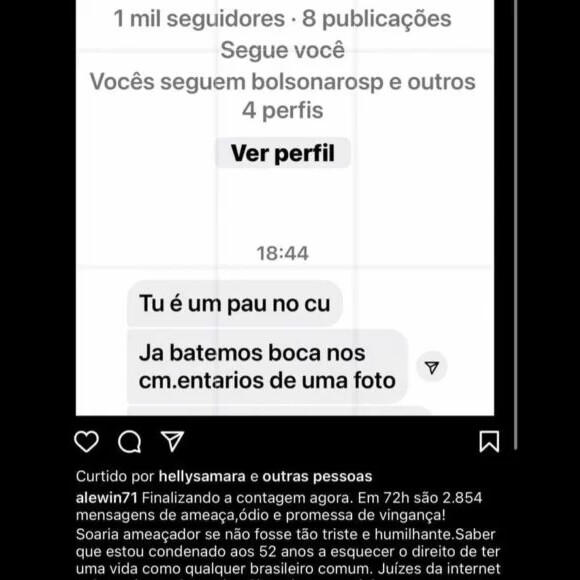 Marido de Ana Hickmann mostrou que vem sendo ameaçado no Instagram e considerou: 'Triste e humilhante'