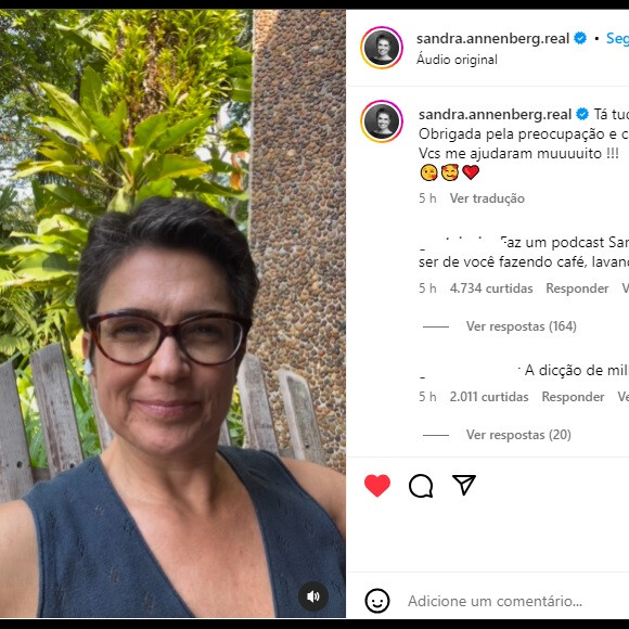 Sandra Annenberg atualizou estado de saúde nas redes sociais