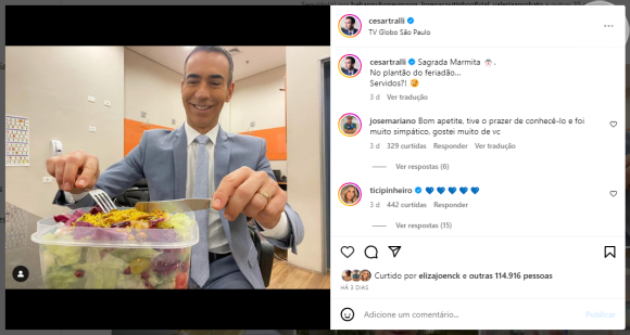 Cesar Tralli, antes de brincar ao vivo na Globo, publicou foto comendo marmita nos bastidores do 'JH' em um plantão de feriado