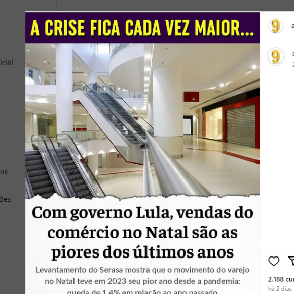 Alexandre Correa compartilhou manchete que dizia: 'Com governo Lula, vendas do comércio no Natal são as piores dos últimos anos'