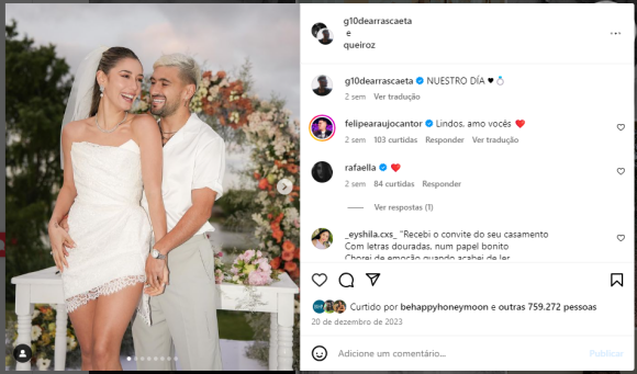 Camila Bastiani usou um vestido de noiva curto de cetim no valor de R$ 27 mil em uma das cerimônias que marcou sua união com Arrascaeta