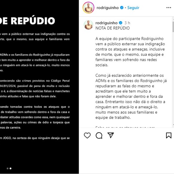 Equipe de Rodriguinho se manifestou sobre comentários