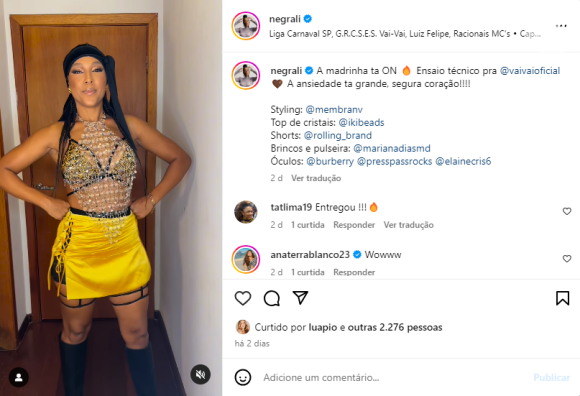 Negra Li vai fazer a sua estreia no Carnaval 2024 de São Paulo como madrinha de bateria da Vai Vai