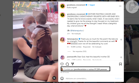 Jennifer Aniston deu like no vídeo de Fabiana Justus