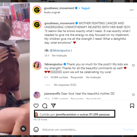 Jennifer Aniston deu like no vídeo de Fabiana Justus