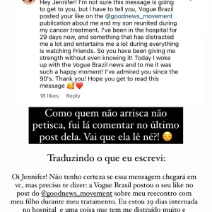 Fabiana Justus, em tratamento contra câncer, deixou recado emocionante para Jennifer Aniston