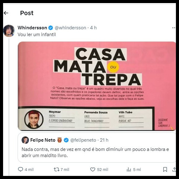 Felipe Neto e Whindersson Nunes bateram boca no X, antigo Twitter. O motivo foram divergências políticas com relação ao enfrentamento das enchentes que assolam o RS