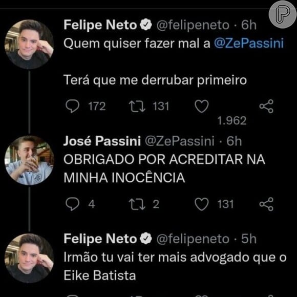 Felipe Neto saiu em defesa de José Passini e escreveu: 'Irmão, tu vai ter mais advogado que o Eike Batista'