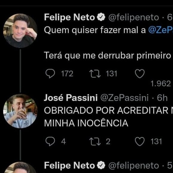 Felipe Neto saiu em defesa de José Passini e escreveu: 'Irmão, tu vai ter mais advogado que o Eike Batista'