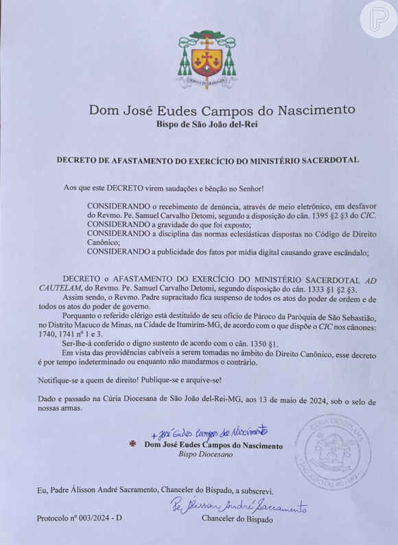 O Bispo decidiu se manifestar e emitiu um decreto de afastamento do padre Samuel. Enquanto isso, fará as devidas averiguações para apurar toda essa história.