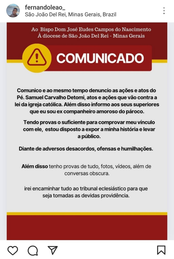 Fernando seguiu falando sobre o caso com o Padre Samuel nos stories e disse que não adianta tentar intimidá-lo pra apagar o exposed porque ele fará outra denúncia e, dessa vez, irá expor outros padres e também homens casados com mulheres