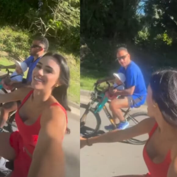 Neymar e Bruna Biancardi levam Mavie para primeiro passeio de bicicleta e momento em família divide a web: 'Coragem voltar para ele'