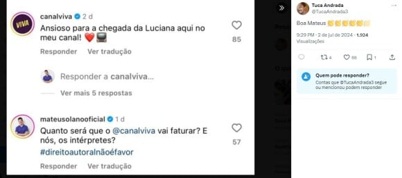 'Quanto será que o canal Viva vai faturar? E nós, os intérpretes? Direito autoral não é favor', publicou Mateus Solano, segundo um print postado pelo ator Tuca Andrada