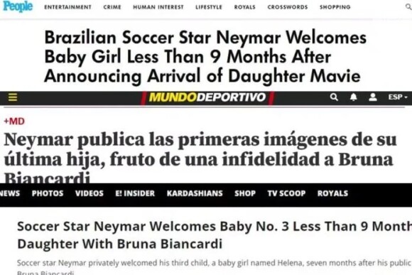 Veja algumas manchetes sobre o nascimento de Helena, terceira filha de Neymar, na imprensa internacional