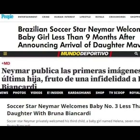 Veja algumas manchetes sobre o nascimento de Helena, terceira filha de Neymar, na imprensa internacional