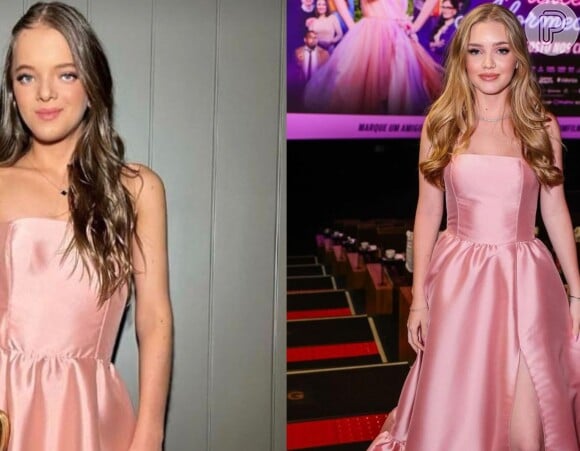 Rafa Justus e Pietra Quintela usam mesmo vestido no estilo princesa, rosa, da marca Agilitá, avaliado em cerca de R$ 4 mil, para ocasiões diferentes.