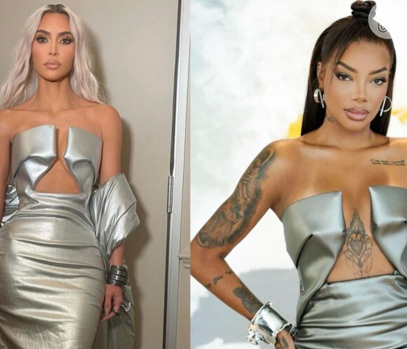 A cantora Ludmilla apostou no mesmo look de Kim Kardashian, no estilo futurista, prateado, avaliado, de acordo com a Farfetch, em cerca de R$ 11 mil.