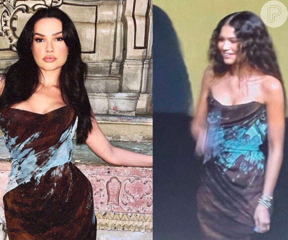 Juliette repetiu vestido preto, tubinho, com detalhes em azul, da marca de Viviene Westwood para casamento da amiga; o mesmo usado por Zendaya em um dos eventos de divulgação de 'Duna'.
