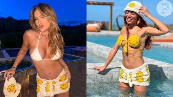 Anitta repetiu look usado por Virgínia, um biquíni com detalhes em crochê em amarelo e desenho de emoji sorrindo.