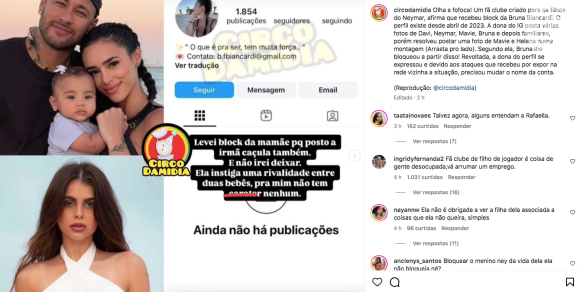 Bruna Biancardi foi detonada pelo perfil, que a acusou de promover rivalidade entre as filhas de Neymar