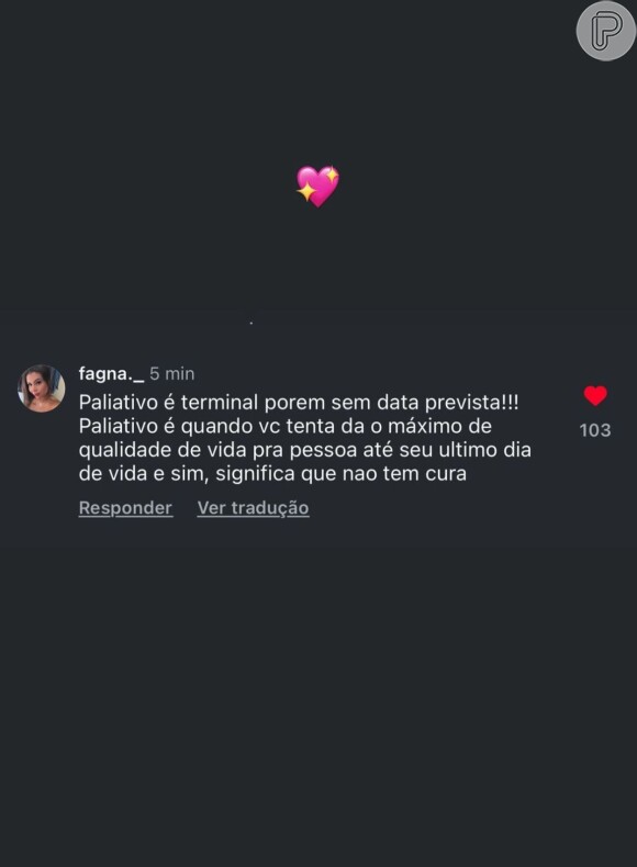 Isabel Veloso também compartilhou post em suas redes sociais explicando a diferença entre paliativo e terminal.