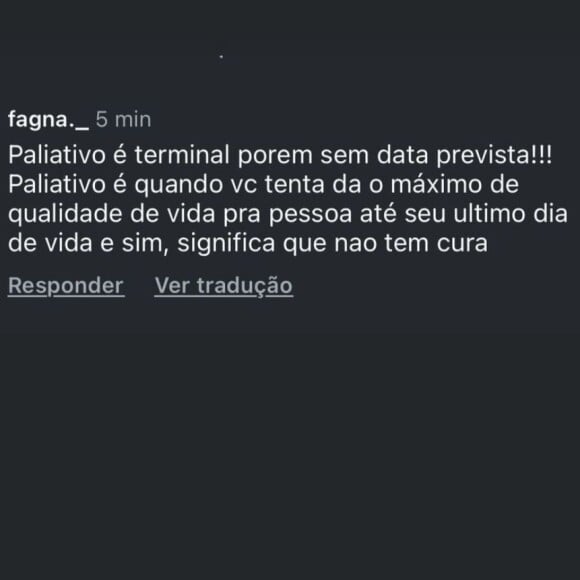 Isabel Veloso também compartilhou post em suas redes sociais explicando a diferença entre paliativo e terminal.