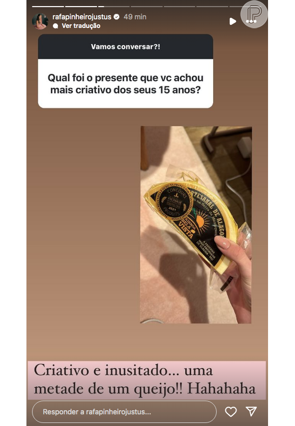 Rafa Justus disse ter ganhado metade de um queijo e achou a situação muito inusitada