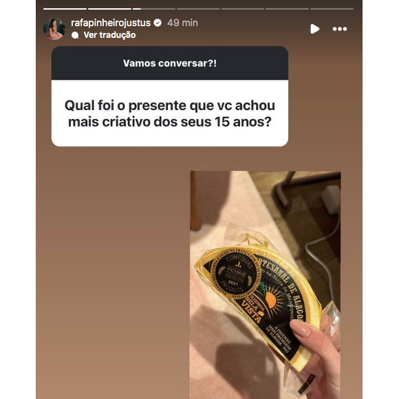 Rafa Justus disse ter ganhado metade de um queijo e achou a situação muito inusitada