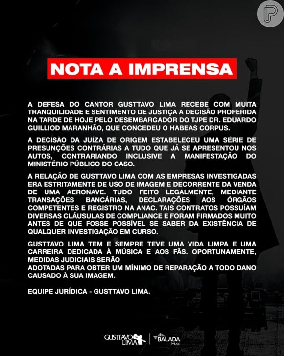 Gusttavo Lima teve sua prisão decretada, mas em seguida ela foi revogada