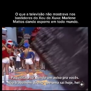 Marlene Mattos se dirige a Ana Paula Guimarães e Andréia Sorvetão em bastidor de gravação do 'Xou da Xuxa' fazendo ameaças às paquitas: 'Não trabalhem direito que uma sai hoje, hein!", ameaçou. Estou de brincadeira não! Eu não quero erro!'