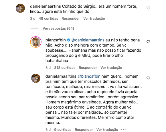 Bianca Bin também lidou com as críticas da melhor maneira e rebateu uma internauta dizendo que Guizé estava muito magro