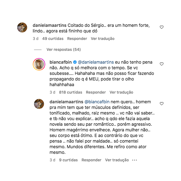 Bianca Bin também lidou com as críticas da melhor maneira e rebateu uma internauta dizendo que Guizé estava muito magro