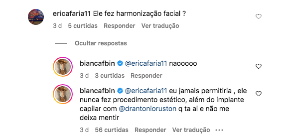 Bianca Bin negou que o marido tenha feito harmonização facial e disse que não permitiria procedimentos estéticos nele