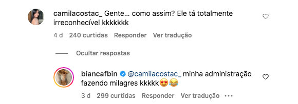 Bianca Bin recebeu vários comentários sobre a aparência diferente de Sérgio Guizé e respondeu muitos deles