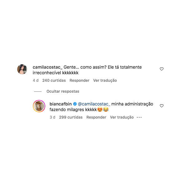 Bianca Bin recebeu vários comentários sobre a aparência diferente de Sérgio Guizé e respondeu muitos deles