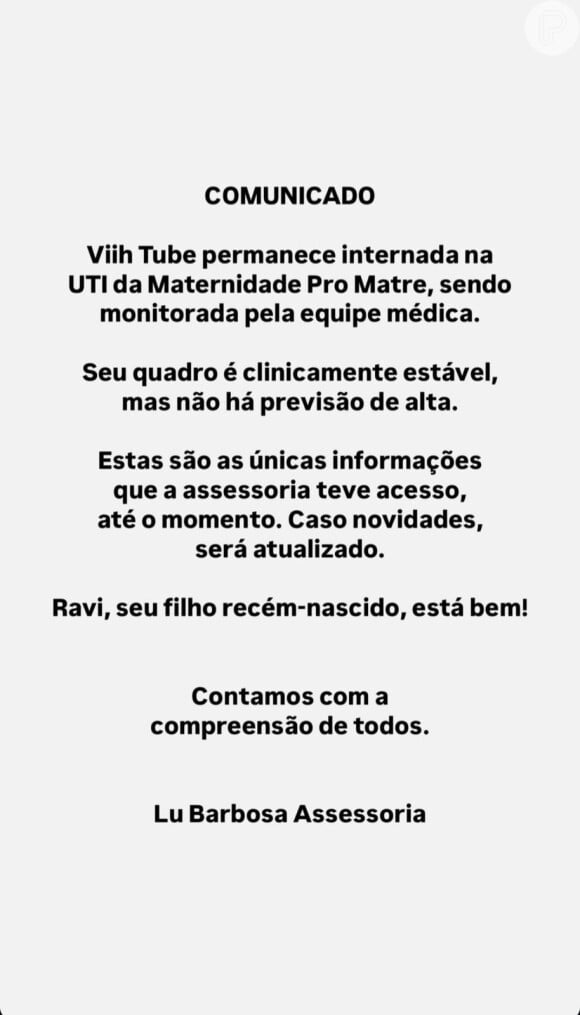 Viih Tube tem quadro de saúde atualizado pela assessoria.