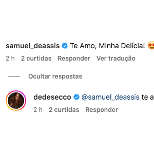 "Te amo, minha delícia", comentou o ator cheio de emojis apaixonados. Deborah Secco respondeu dizendo que também ama o galã