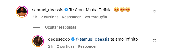 "Te amo, minha delícia", comentou o ator cheio de emojis apaixonados. Deborah Secco respondeu dizendo que também ama o galã