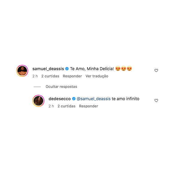 "Te amo, minha delícia", comentou o ator cheio de emojis apaixonados. Deborah Secco respondeu dizendo que também ama o galã