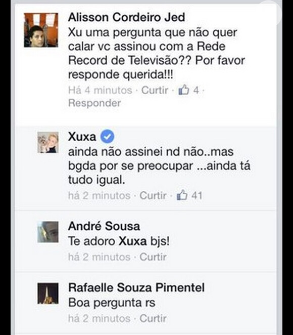 Xuxa respondeu pergunta feita por seguidor no Facebook: 'Ainda não assinei nada não'