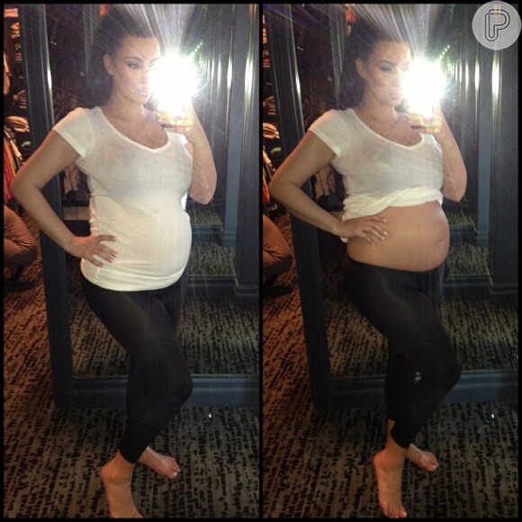 Kim Kardashia publicou uma foto de seu barrigão de seis meses de gravidez no Instagram