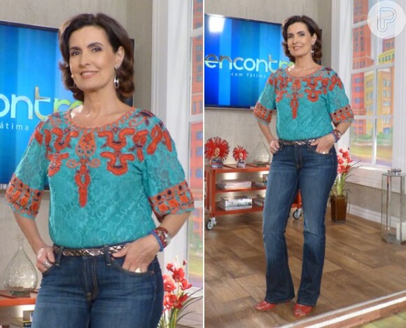 Fátima Bernardes escolheu a blusa turquesa com detalhes em laranja para apresentar o programa 'Encontro' desta quinta-feira, 5 de fevereiro de 2015