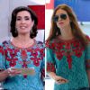 Fátima Bernardes repetiu o look usado por Marina Ruy Barbosa esta semana e comentou: 'Adoro a cor e o laranja da blusa. Achei linda! Não sabia que ela tinha uma igual'