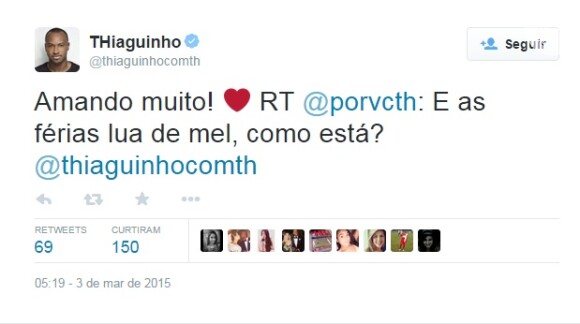 Nesta terça-feira, 3 de março de 2015, Thiaguinho contou aos seus seguidores como estão sendo esses dias ao lado de Fernanda Souza: 'Amando muito!'