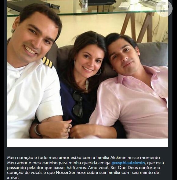 Mariana Belém também se pronunciou a respeito da morte de Thomaz Alckmin, na foto ao lado dos irmãos