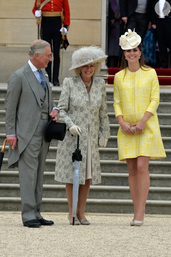 Kate Middleton estava acompanhada de seu sogro, o príncipe Charles, e da duquesa de Cornualha, Camilla