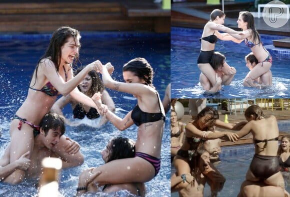 Manu Gavassi, Isabella Santoni, Bruna Hamú e Daniele Suzuki fizeram bonito na piscina de 'Malhação' quando suas personagens resolveram brincar de briga de galo