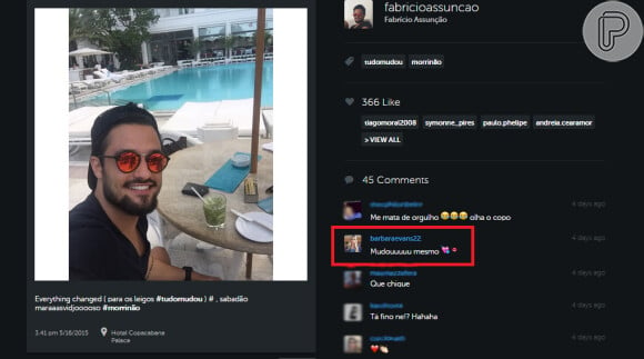 Fabrício, com quem a modelo vive um romance ainda discreto, também postou uma foto com a piscina do Copacabana Palace ao fundo em sua conta no Instagram. Bárbara Evans comentou e deixou alguns emoticons de corações