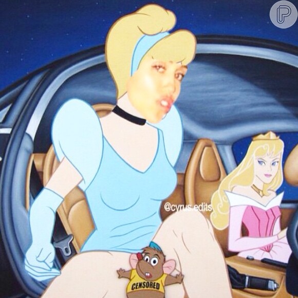 Provocativa, Miley Cyrus fez uma montagem da princesa Cinderella sem calcinha e com um ratinho tampando a intimidade