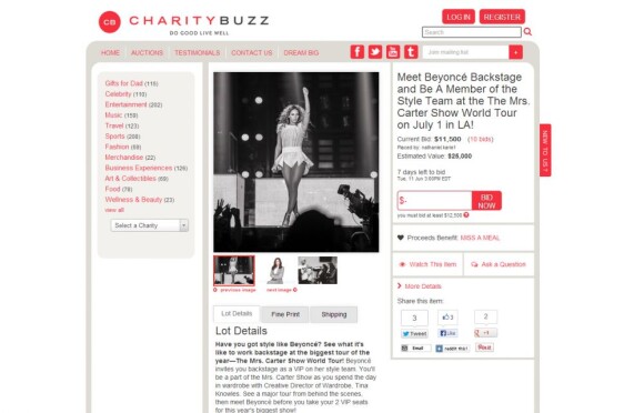 Imagem do site de leilão que oferece o encontro com Beyoncé por R$ 53 mil